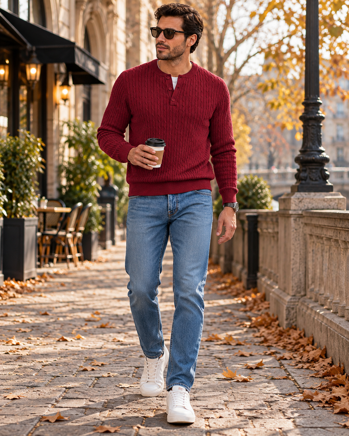 Carlo Pull Homme Henley en Maille Torsadée – Coupe Slim, Trois Boutons et Bords Côtelés