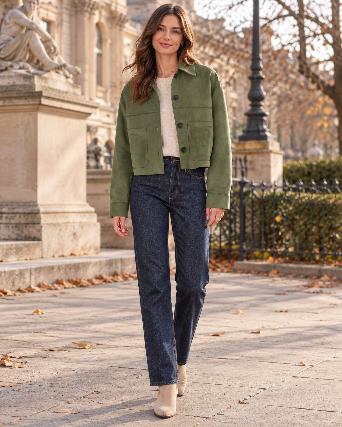 Janelle Veste Chemise Femme Moderne Courte en Suédine Légère à Boutons et Poches Plaquées