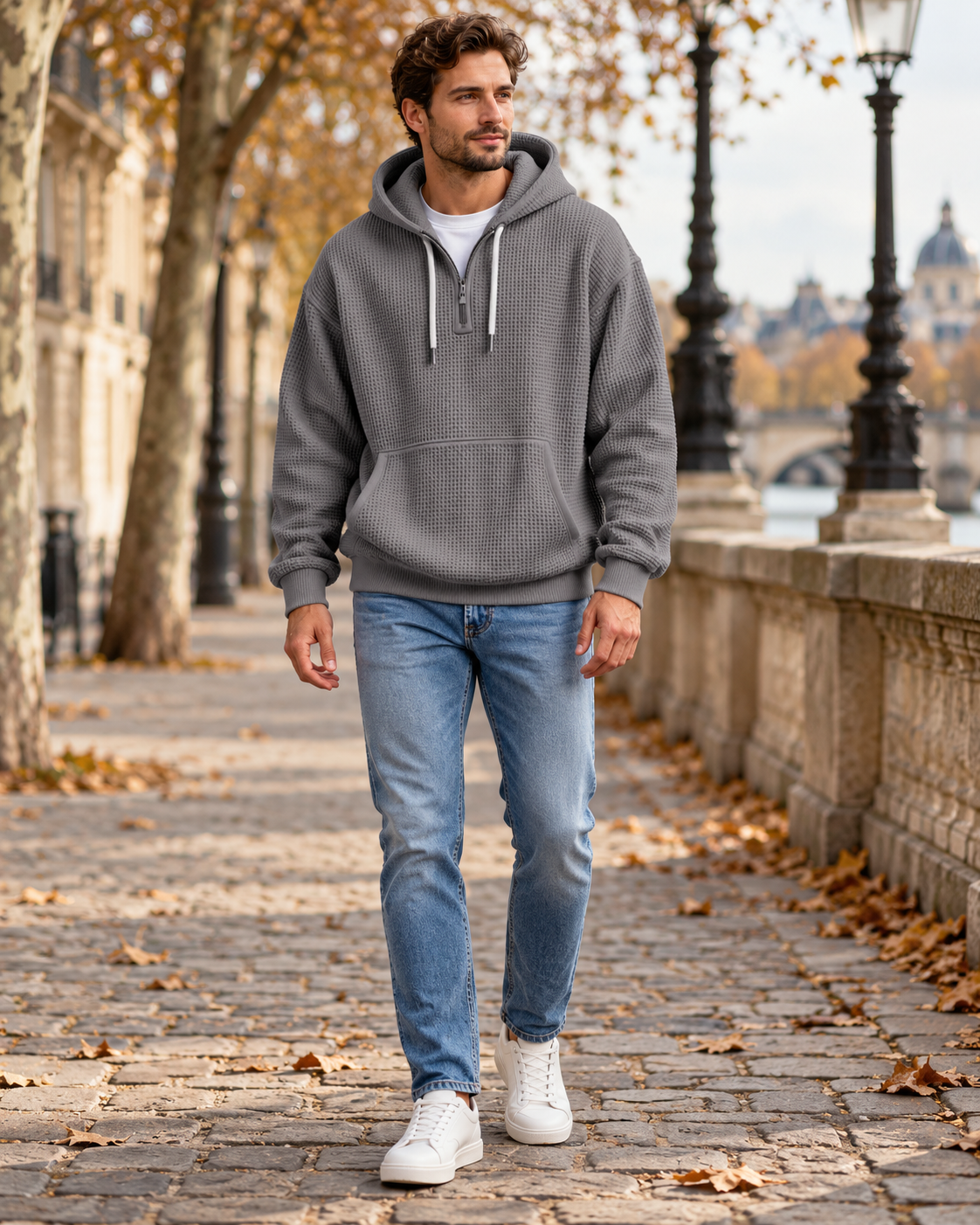 Gian Haut homme à capuche en maille gaufrée, ouverture zippée courte et poche ventrale