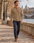 Denzel T-shirt homme col Henley à quatre boutons, manches raglan et coutures contrastées
