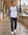 Kian Haut homme à manches longues raglan, maille côtelée extensible et col V échancré