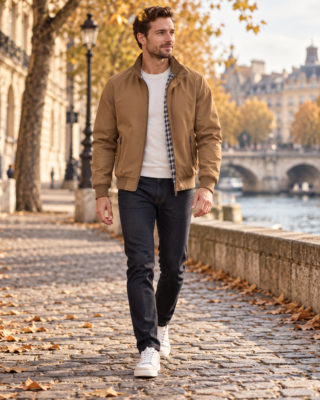 Marco Bomber coupe-vent homme à col montant avec poches zippées et doublure à carreaux