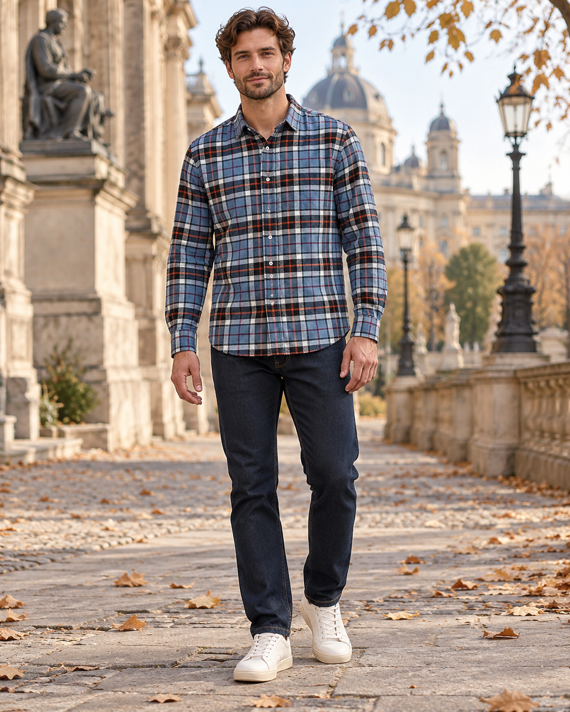 Rafael Chemise homme en flanelle de pur coton, à carreaux, col rabattu et poche poitrine