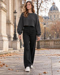 Ariana - Sweat court pour femme en coton et polyester, col rond et manches ballon
