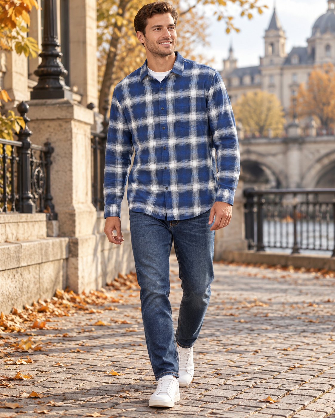 Miko Chemise homme à manches longues en flanelle brossée à carreaux, coupe droite