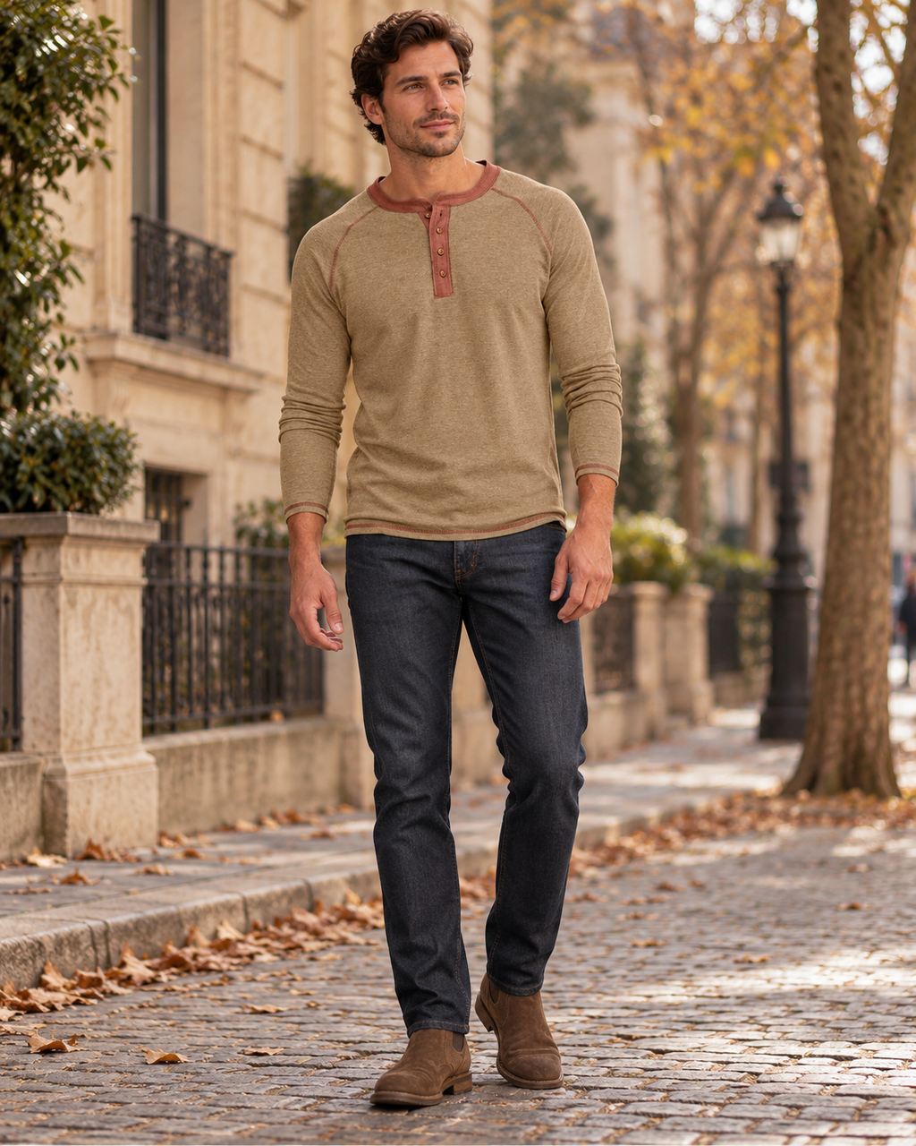Denzel T-shirt homme col Henley à quatre boutons, manches raglan et coutures contrastées