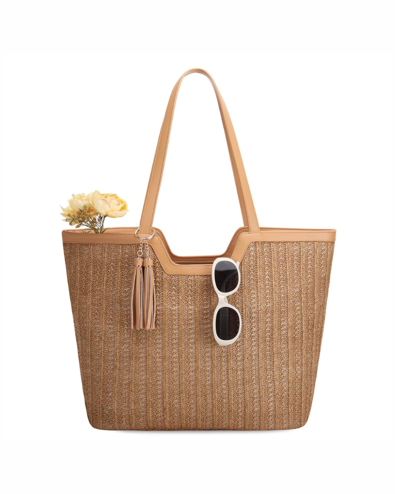 Blair Borsa a Mano Donna – Borsa in Paglia Intrecciata Boho con Chiusura a Zip e Pon Pon