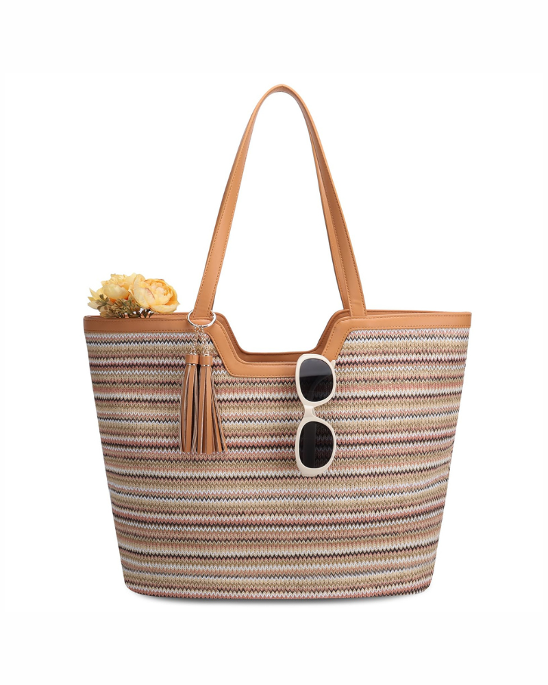 Blair Borsa a Mano Donna – Borsa in Paglia Intrecciata Boho con Chiusura a Zip e Pon Pon