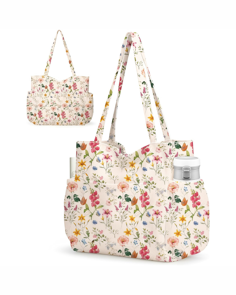 Hadley Sac Cabas Femme – Grand Shopper en Velours Côtelé Fleuri avec Multiples Poches