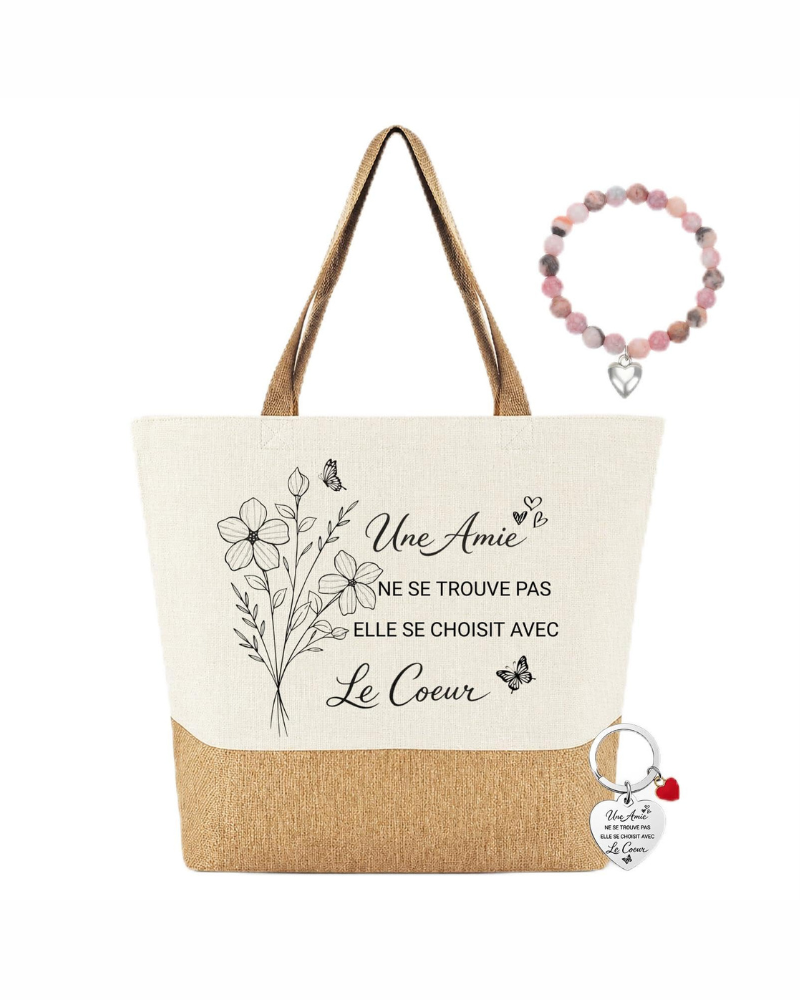 Avery Ensemble Sac Cabas Femme – Tote Bag en Toile avec Porte-Clés & Bracelet en Pierre Naturelle