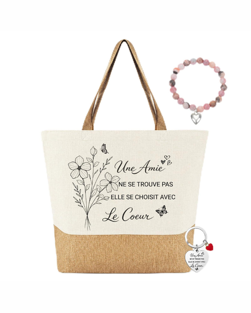 Avery Ensemble Sac Cabas Femme – Tote Bag en Toile avec Porte-Clés & Bracelet en Pierre Naturelle