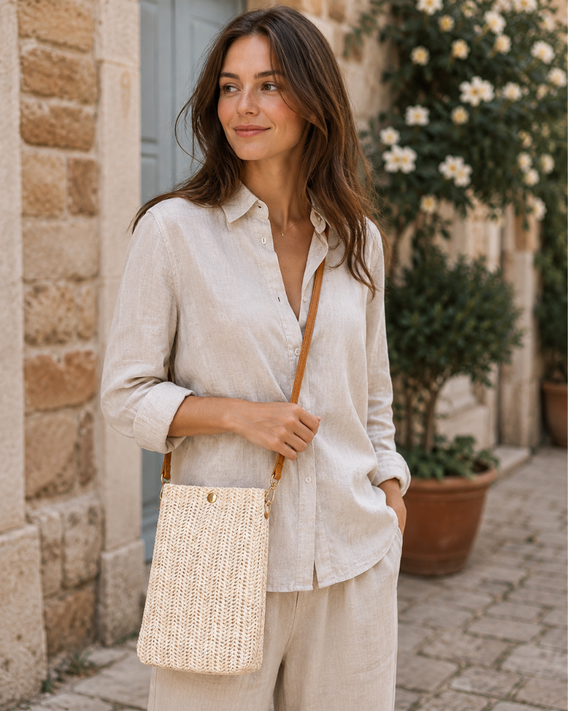 Marlow Pochette Téléphone Femme – Sac Bandoulière en Paille Fermeture Magnétique Réglable