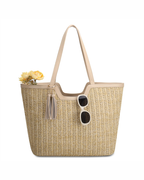 Blair Borsa a Mano Donna – Borsa in Paglia Intrecciata Boho con Chiusura a Zip e Pon Pon