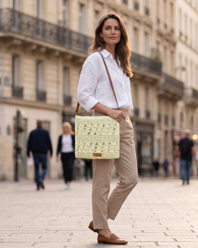 Bianca Sac Bandoulière Femme – Sac en Paille Tressée Bohème Fermeture Zip Bandoulière Réglable