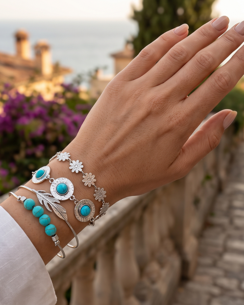 Bracciale Fallon Donna – Bracciale a Catena Turchese con Motivo Foglia Floreale in Lega d'Acciaio
