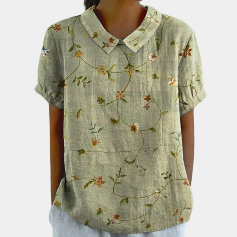 Maelis Blouse Femme – Blouse Décontractée à Manches Courtes avec Imprimé Floral Champêtre et Col Rond