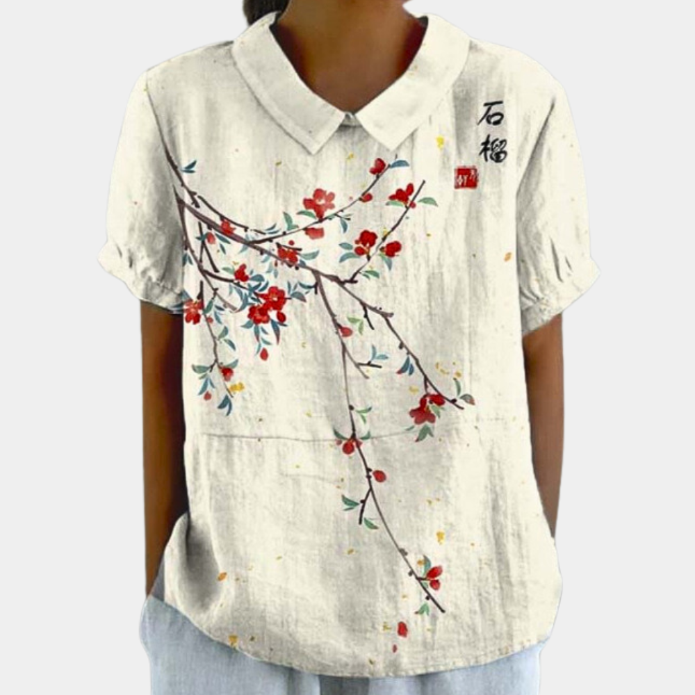 Maelis Blouse Femme – Blouse Décontractée à Manches Courtes avec Imprimé Floral Champêtre et Col Rond