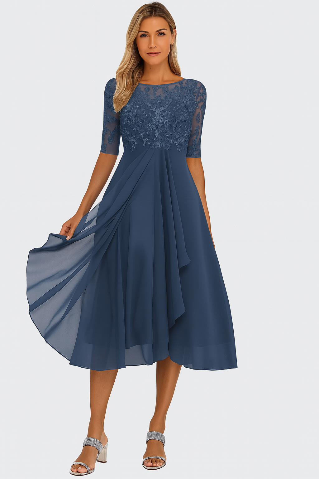 Natalie Robe Élégante Femme – Robe Mi-Longue en Dentelle et Mousseline avec Coupe A-Ligne