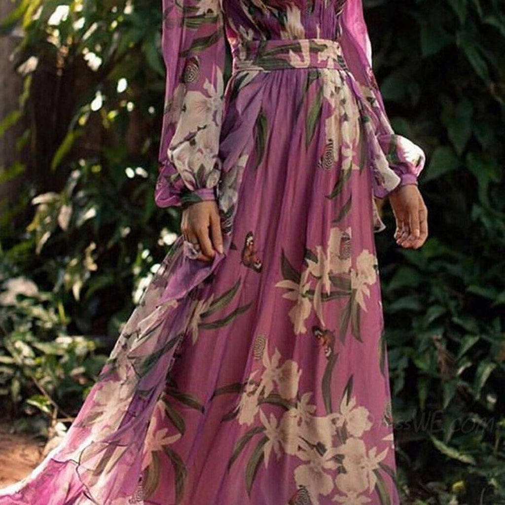 Jade Robe Maxi Femme – Robe Longue Fluide en Polyester Léger avec Motif Élégant d’Été