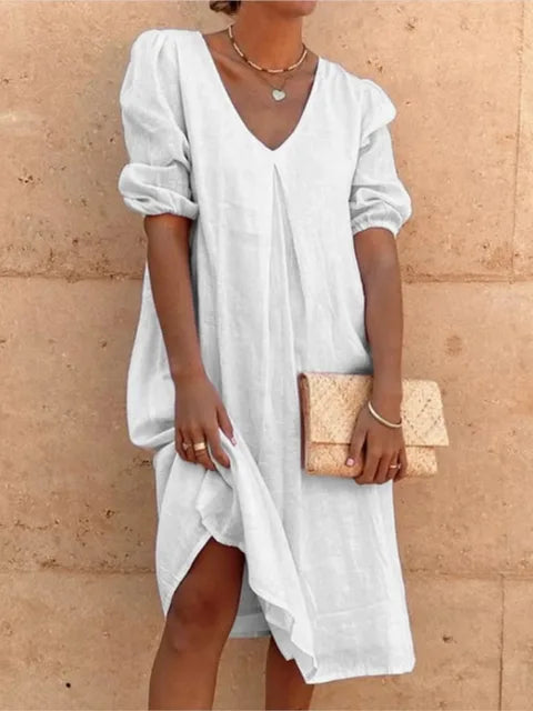 Irish Robe Midi Femme – Robe Fluide à Encolure en V avec Manches Bouffantes & Coupe Décontractée