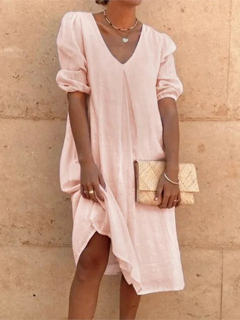 Irish Robe Midi Femme – Robe Fluide à Encolure en V avec Manches Bouffantes & Coupe Décontractée