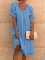 Irish Abito midi da donna – Abito fluido con scollo a V, maniche a sbuffo e taglio casual