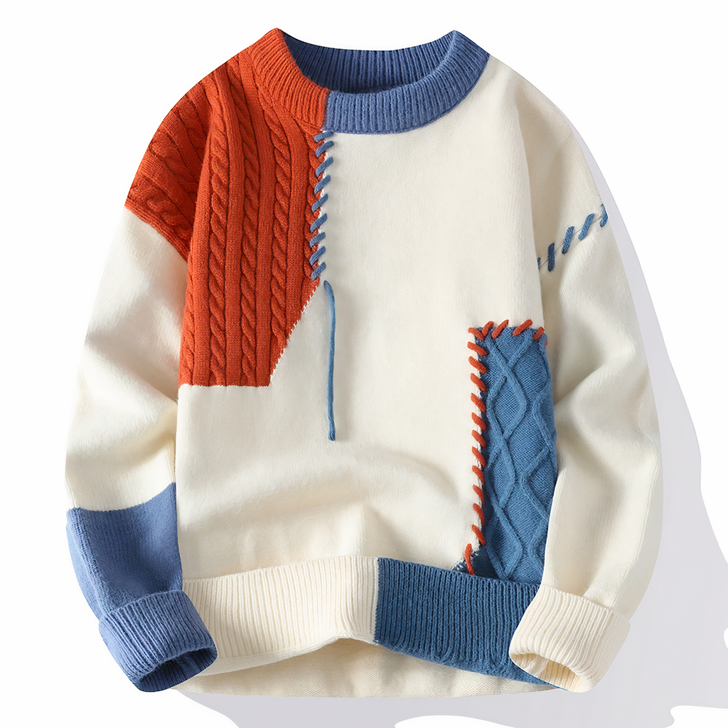 Julien Pull Homme – Sweater Patchwork en Maille Douce, Style Moderne pour Automne & Hiver