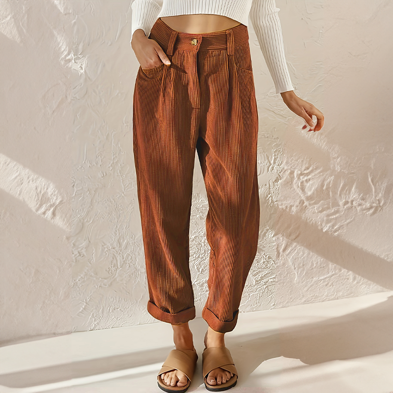Coraline Pantalon Femme en Velours Côtelé – Pantalon Taille Haute avec Jambes Amples et Style Élégant