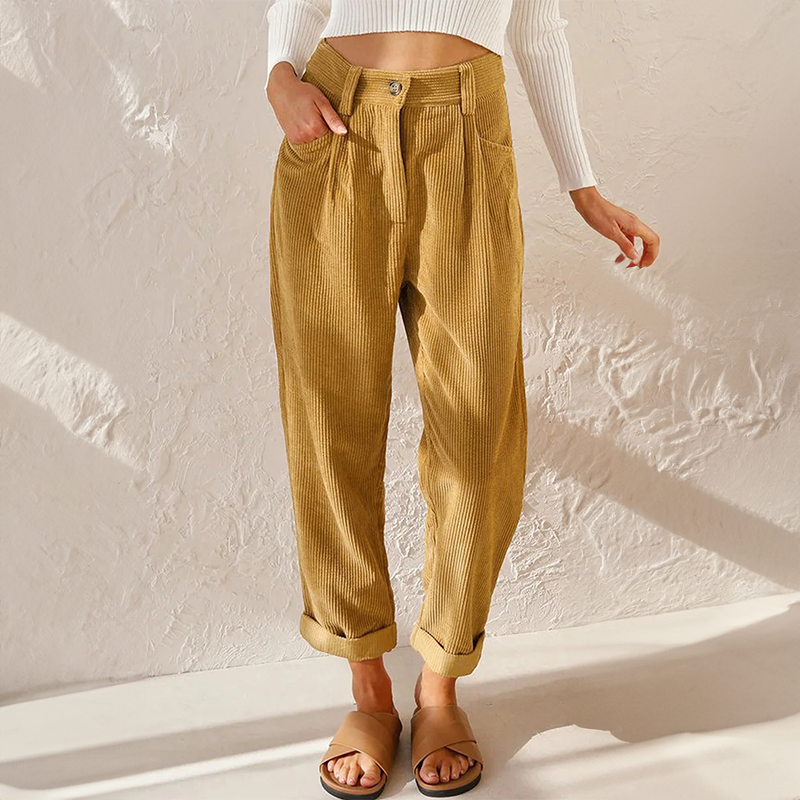 Coraline Pantalon Femme en Velours Côtelé – Pantalon Taille Haute avec Jambes Amples et Style Élégant