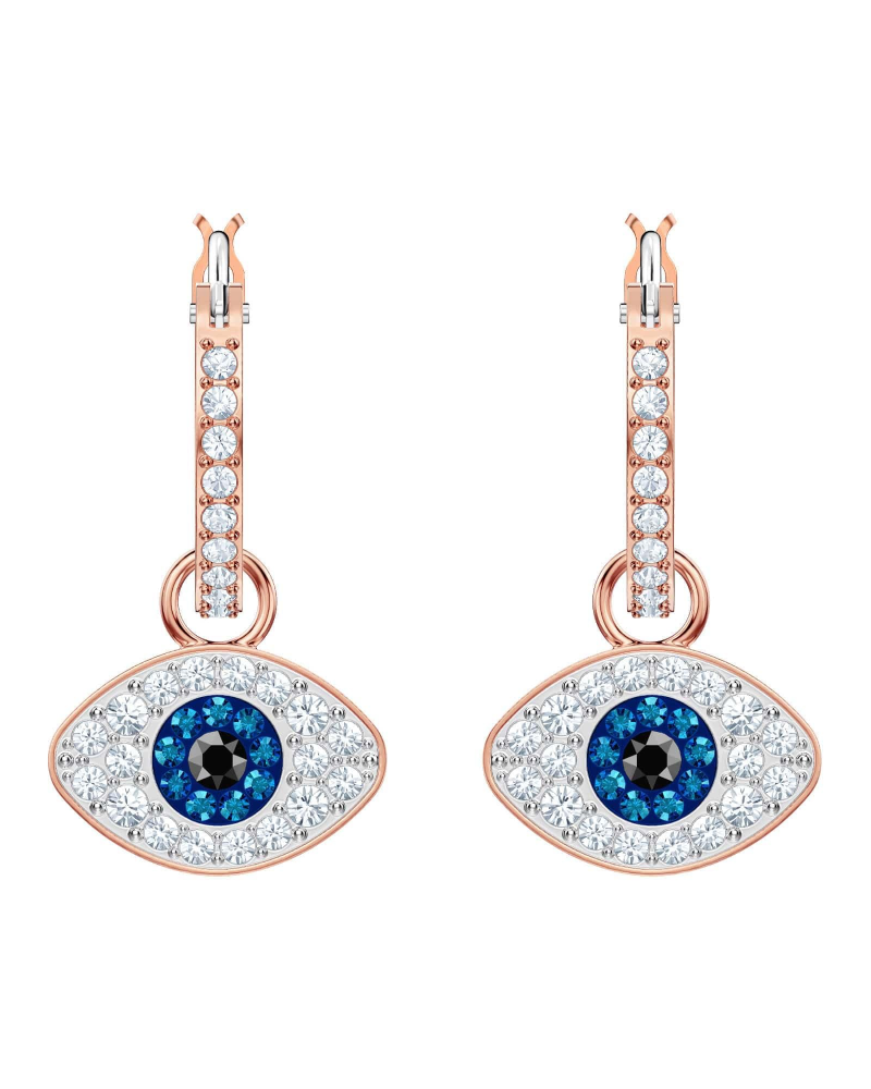 Penelope Boucles d'Oreilles Femme – Créoles Plaquées Or Rose Pendentif Œil Cristaux Pavés