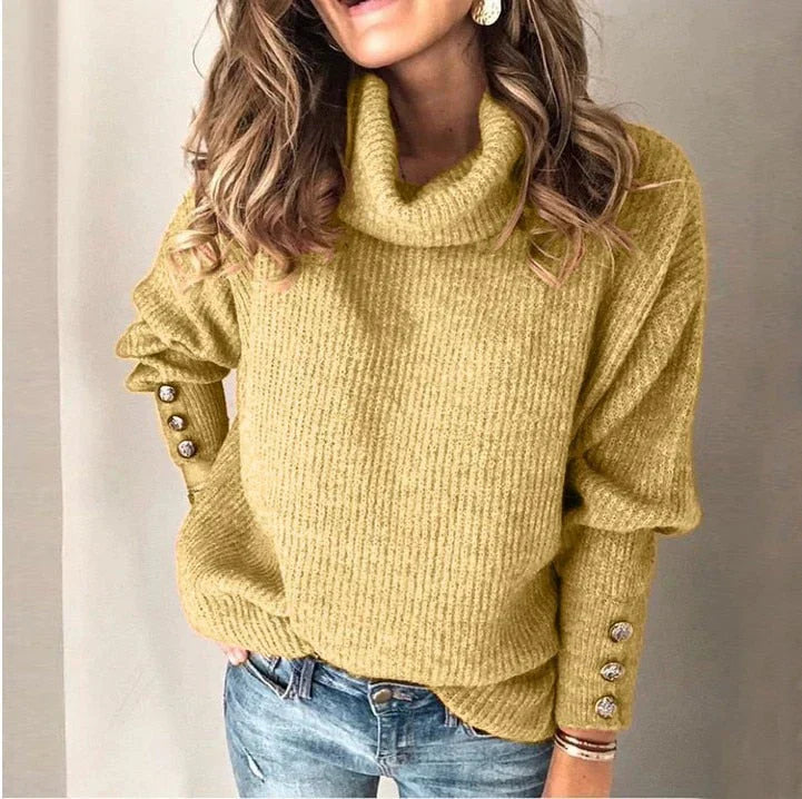 Manon Pull Femme Col Roulé – Maille Douce avec Boutons Élégants & Coupe Confortable