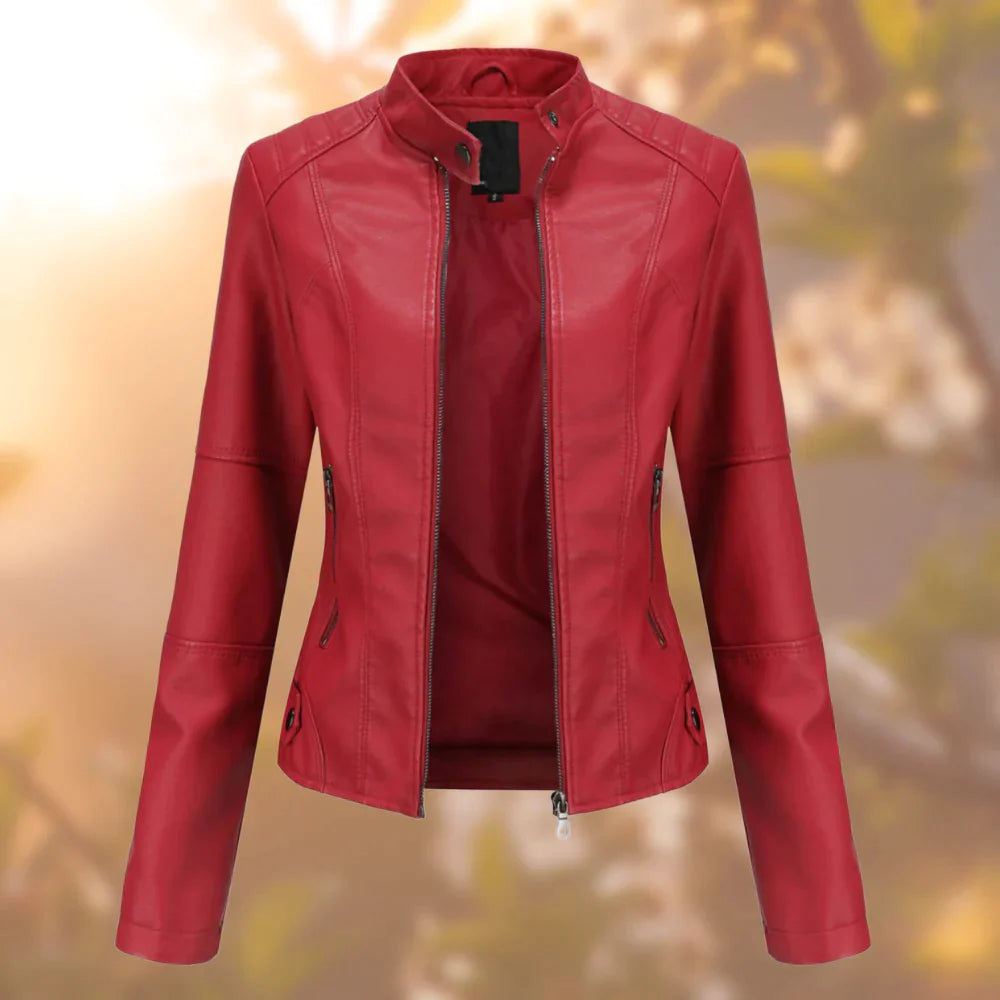 Chloe Veste Femme en Cuir – Blouson Slim avec Col Montant et Fermeture Éclair