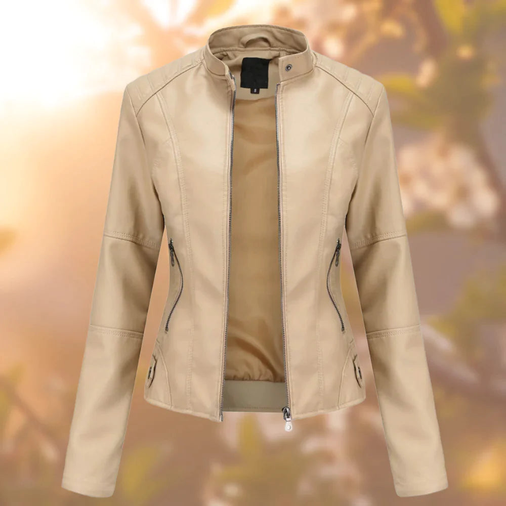 Chloe Veste Femme en Cuir – Blouson Slim avec Col Montant et Fermeture Éclair