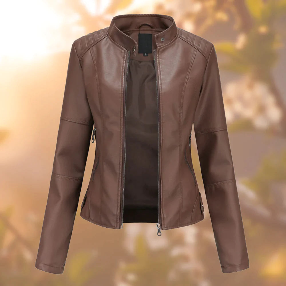 Chloe Veste Femme en Cuir – Blouson Slim avec Col Montant et Fermeture Éclair