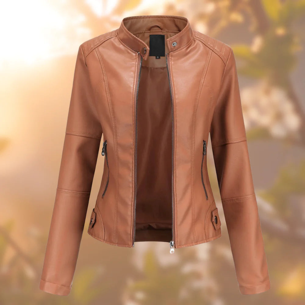 Chloe Veste Femme en Cuir – Blouson Slim avec Col Montant et Fermeture Éclair