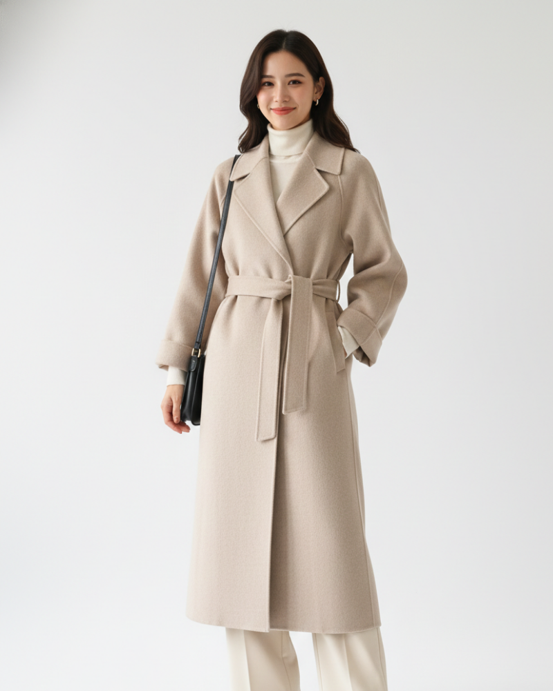 Ashley Manteau Long Femme – Manteau Élégant en Laine Mélangée avec Col à Revers Classique