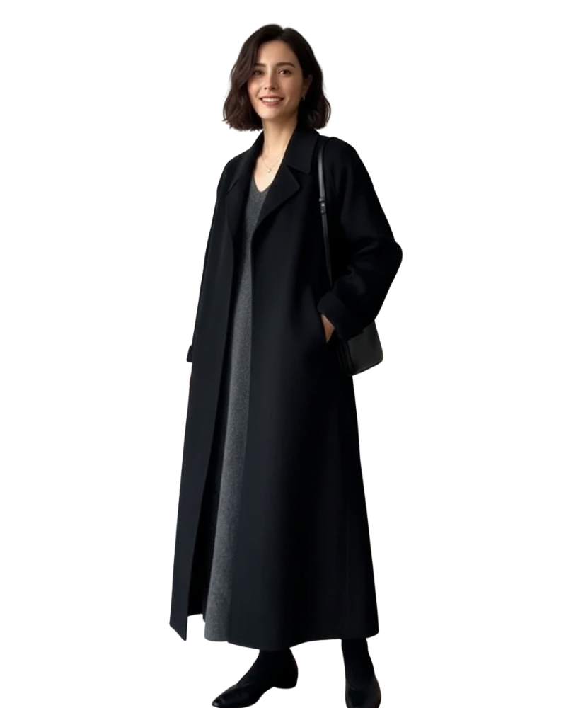 Ashley Manteau Long Femme – Manteau Élégant en Laine Mélangée avec Col à Revers Classique