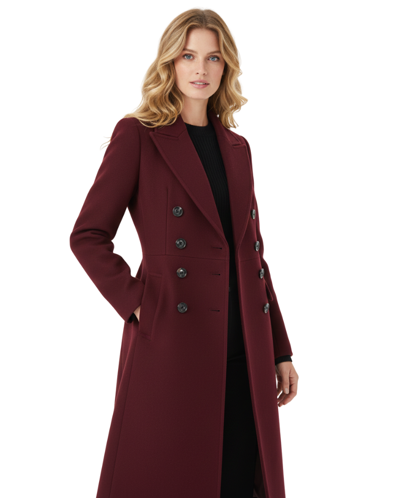 Sophia Manteau Long Femme – Manteau en Laine à Double Boutonnage avec Col à Revers Élégant