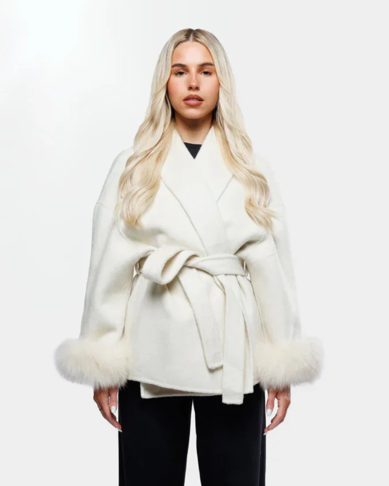 Solène Manteau Mujer Elegante – Chaqueta Larga de Invierno con Mangas de Piel Sintética y Cinturón