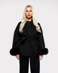 Solene Elegant Women's Coat – Long Winter Jacket with Faux Fur Sleeves & Belt