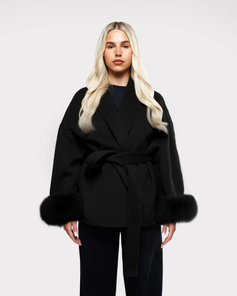 Solene Elegant Women's Coat – Long Winter Jacket with Faux Fur Sleeves & Belt
