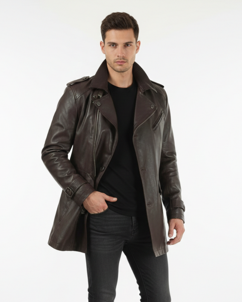 Wyatt Manteau Long en Cuir Homme – Manteau Élégant à Coupe Confortable pour l'Automne et l'Hiver