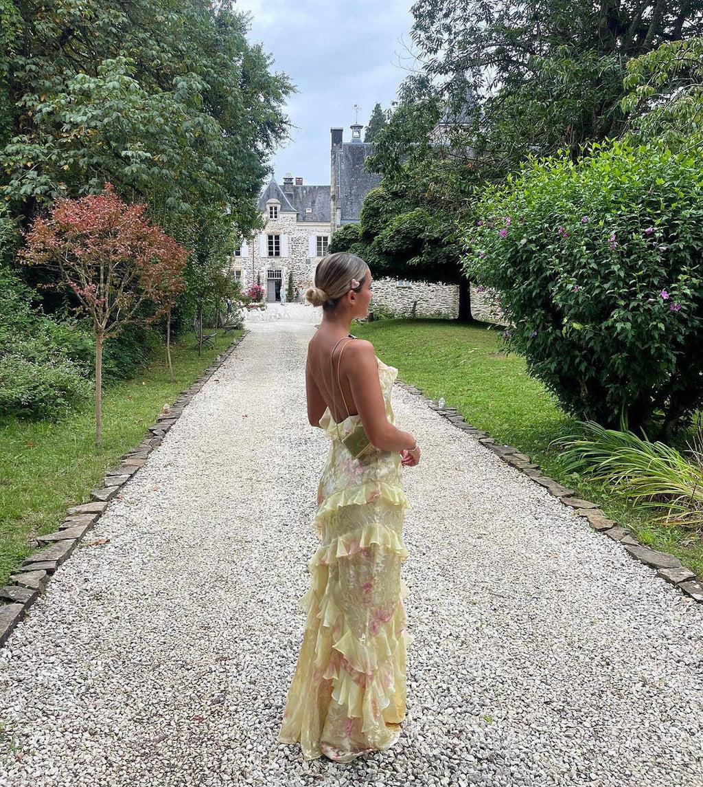 Brielle Robe Longue Femme – Robe Élégante à Volants avec Dos Nu & Silhouette Fluide