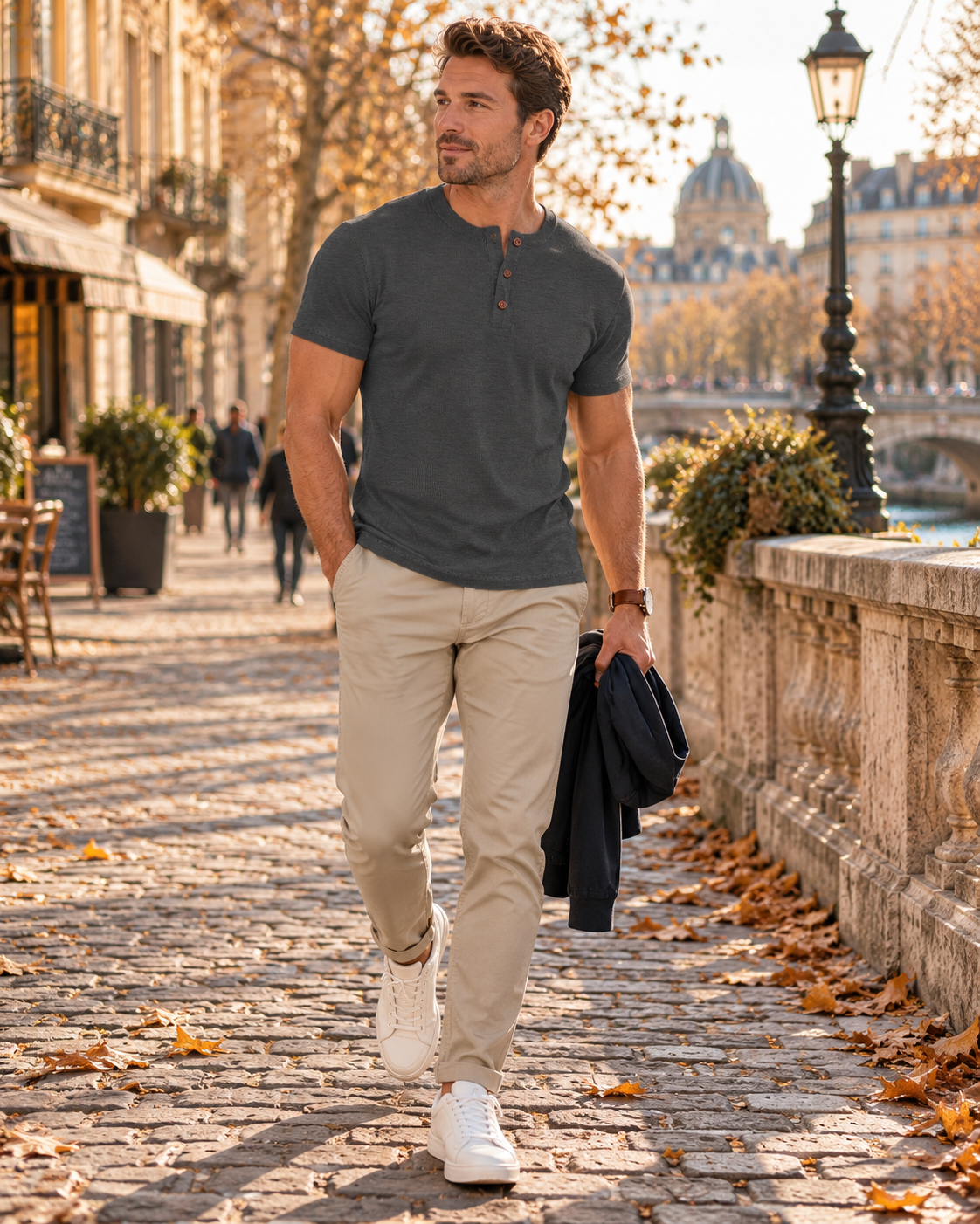 Gerry T-Shirt Henley Homme – Col 3 Boutons, Manches Courtes et Coupe Ajustée