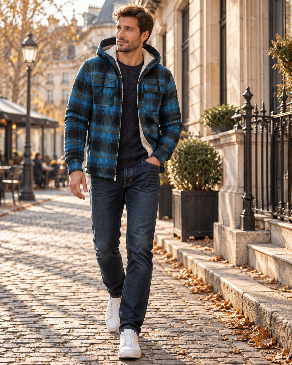 Lennox Veste à Carreaux Homme – Doublure Sherpa, Capuche, Zip Intégral et 4 Poches