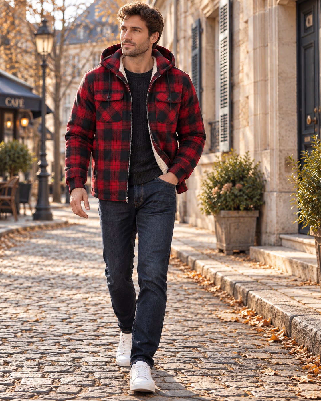 Lennox Veste à Carreaux Homme – Doublure Sherpa, Capuche, Zip Intégral et 4 Poches
