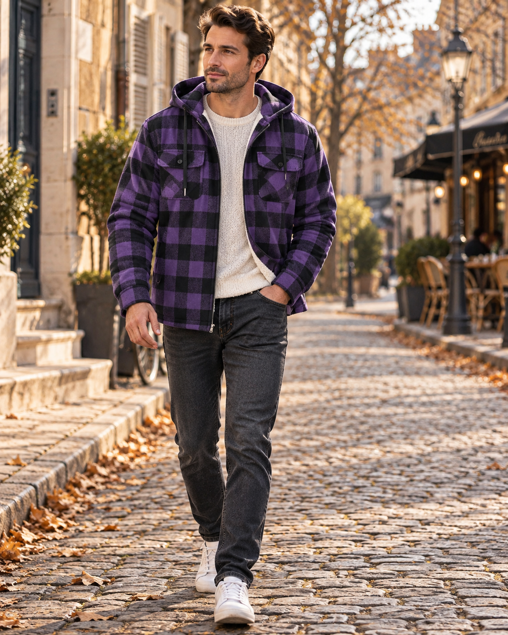 Lennox Veste à Carreaux Homme – Doublure Sherpa, Capuche, Zip Intégral et 4 Poches