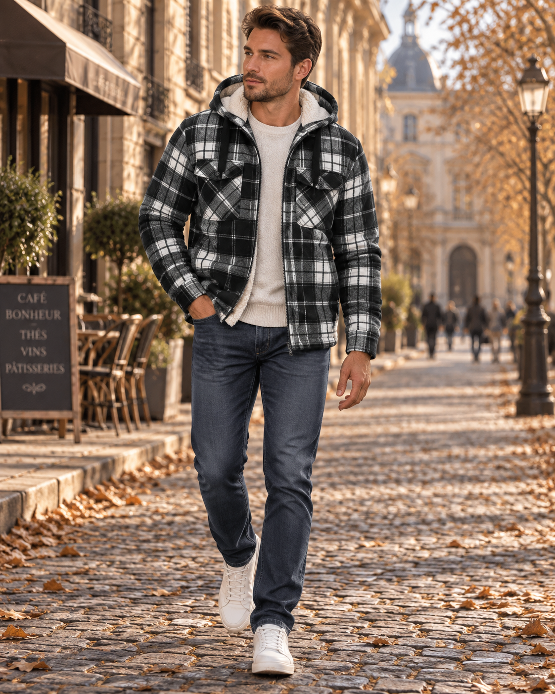 Lennox Veste à Carreaux Homme – Doublure Sherpa, Capuche, Zip Intégral et 4 Poches