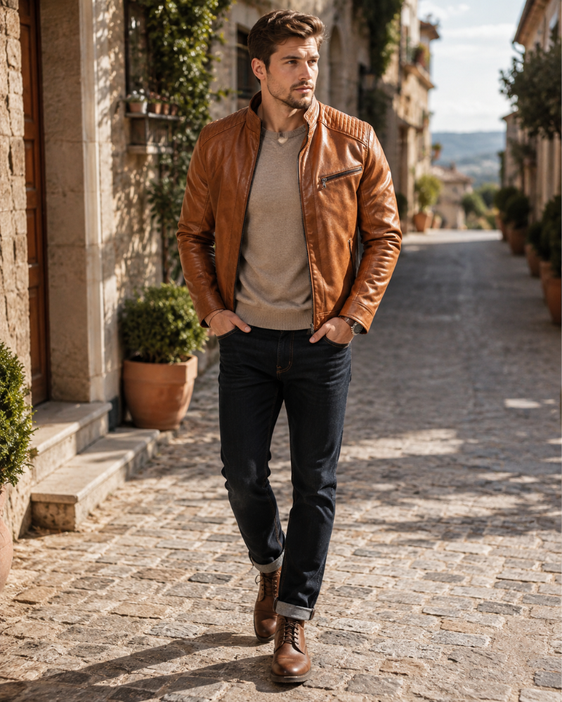 Brandon Veste en Cuir Homme – Blouson Vintage Durable au Style Classique & Intemporel