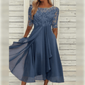 Danielle Robe Longue Femme – Robe Élégante en Mousseline avec Dentelle Raffinée et Coupe Fluide
